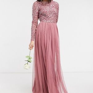 ASOS Maya Tall delicate sequin long sleeve dress tulle skirt in rose Size 8